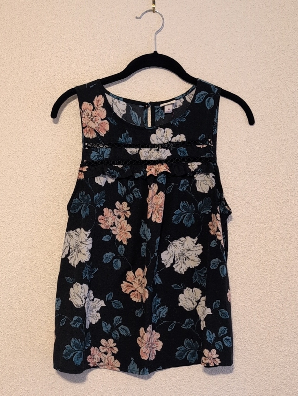 Merona Black Floral Tank with Pink, Teal & White Blooms